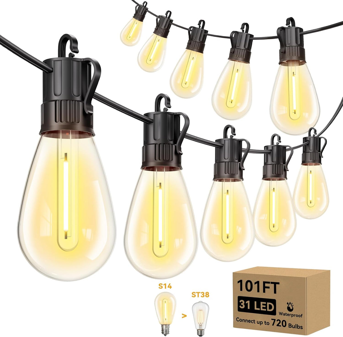101FT 31 Shatterproof S14 Vintage Edison Bulbs Outdoor String Lights for Patio Yard Garden