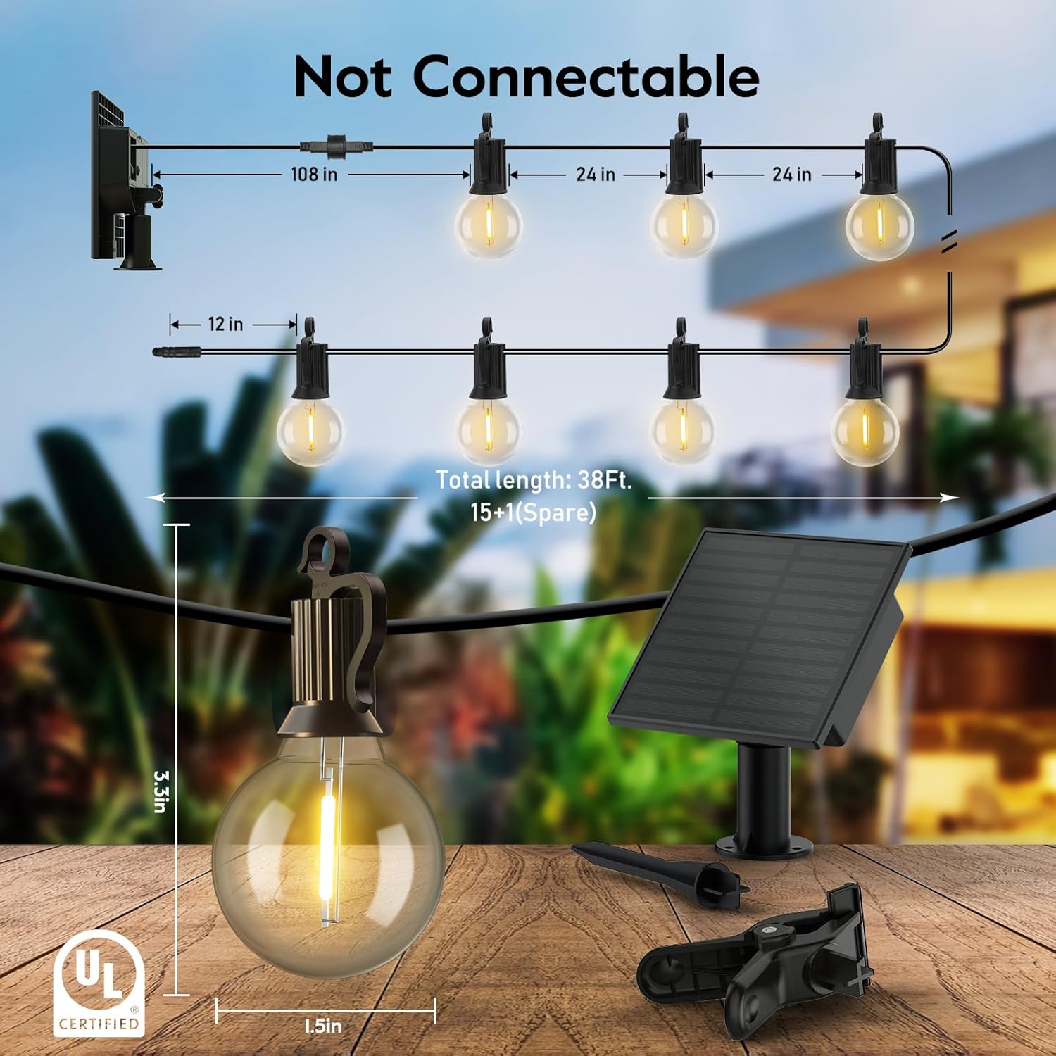 Solar Powered Waterproof G40 LED Bulbs String Lights for Backyard Porch Bistro Decor