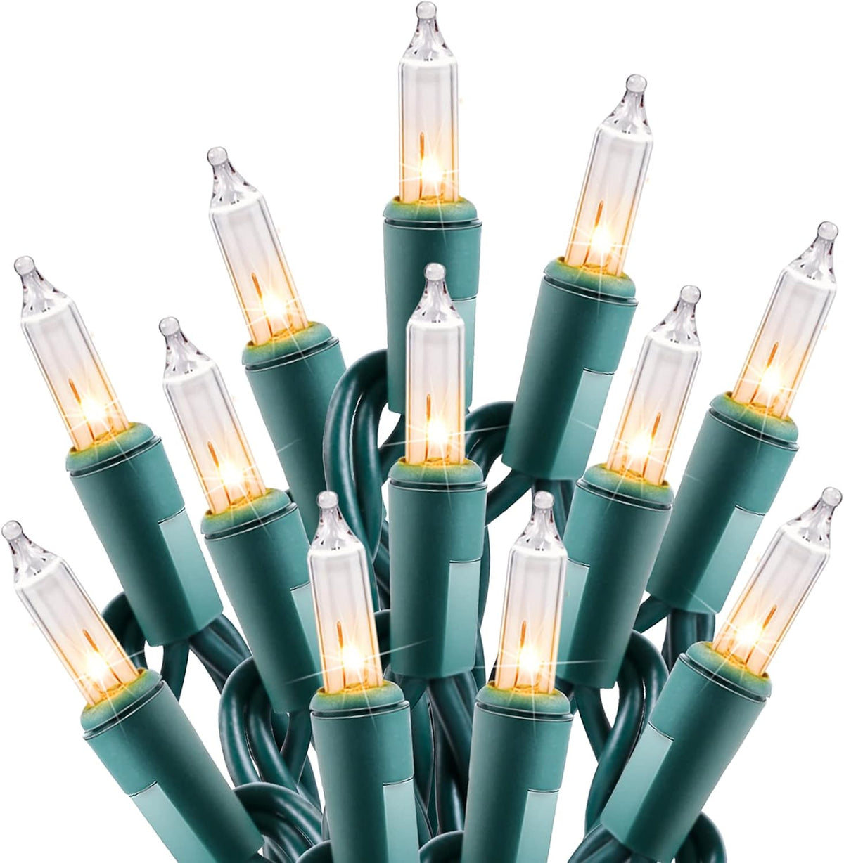 100 Count 25 Feet Cear Warm White Incandescent Bulb Mini String Lights for Christmas, Green Wire