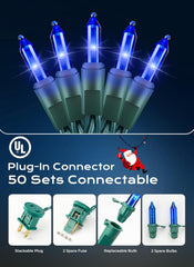 33ft 100 Count Blue Incandescent Bulbs Mini String Lights for Christmas Xmas, Green Wire