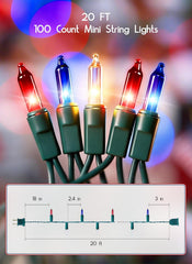 100 Count 20 Feet Multicolor Incandescent Bulb Mini String Lights for 4th July Independence Day