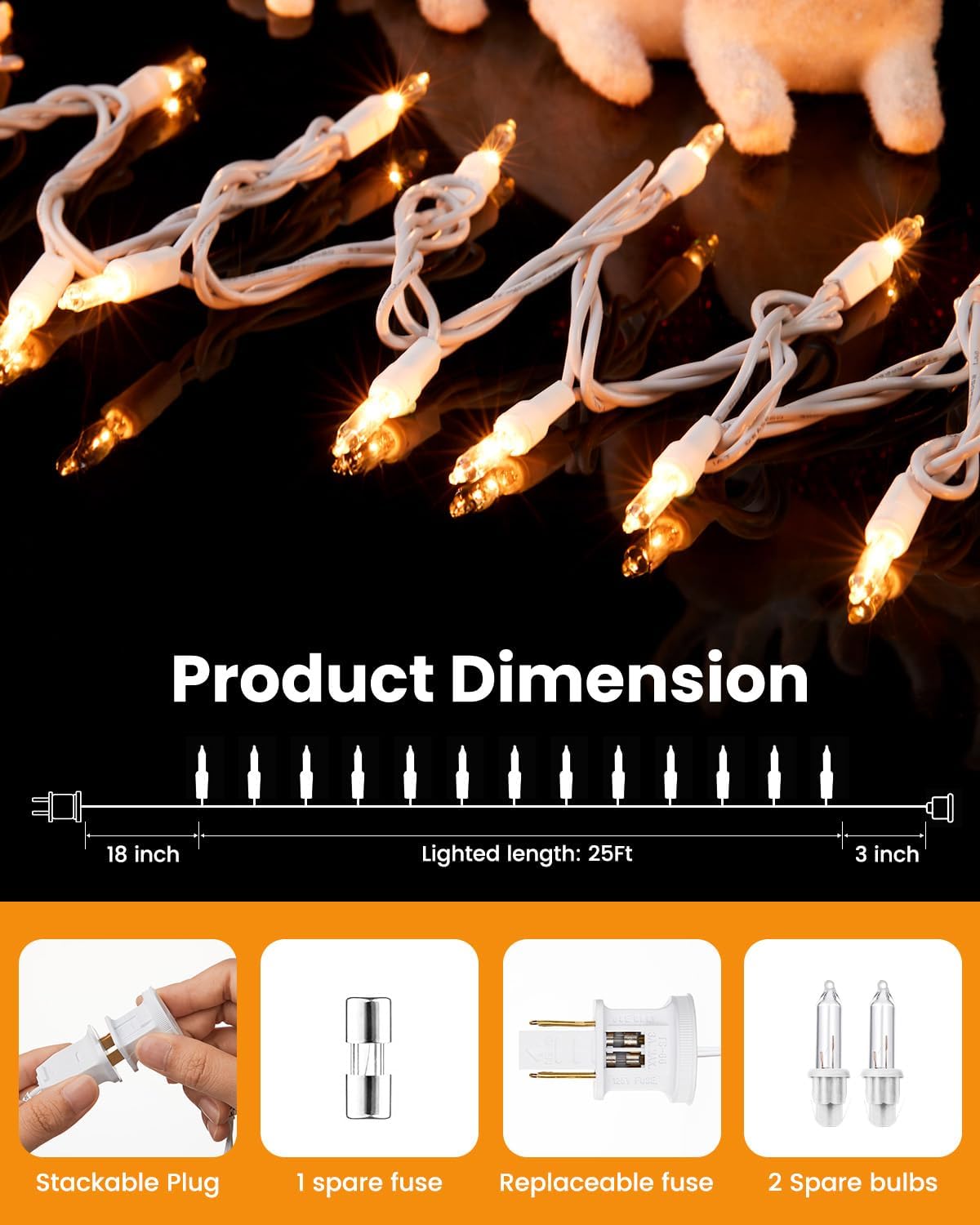 25ft 100 Count Cear Warm White Incandescent Bulb Mini String Lights for Christmas, White Wire