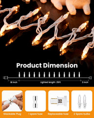 25ft 100 Count Clear Incandescent Bulb Mini Christmas Lights Set, White Wire