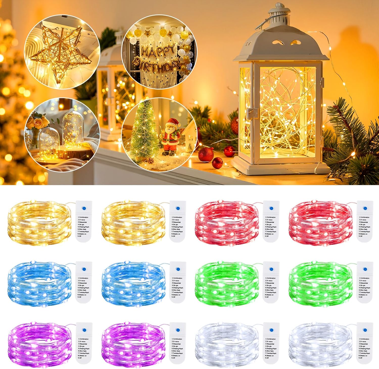 12/20 Pack 6 Colors 7ft 20LED Battery Operated String Lights Firefly f ...