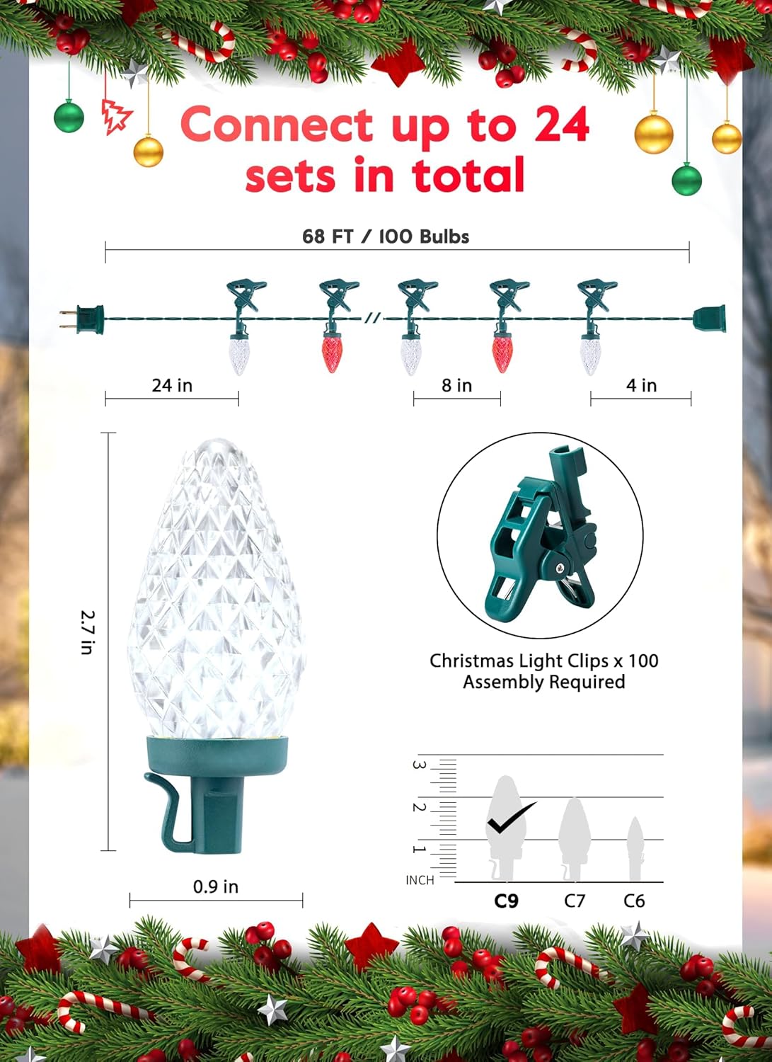 68 Feet C9 100 LED Christmas Strawberry String Lights with 100 Spring Clamps, Red & Pure White