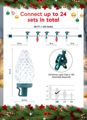 68 Feet C9 100 LED Christmas Strawberry String Lights with 100 Spring Clamps, Red & Pure White