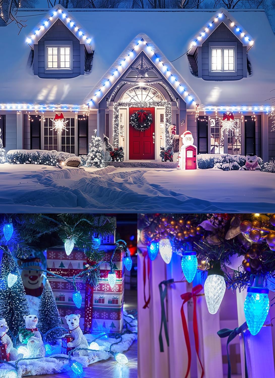 68 Feet C9 100 LED Christmas Strawberry String Lights with 100 Spring Clamps, Blue & Pure White