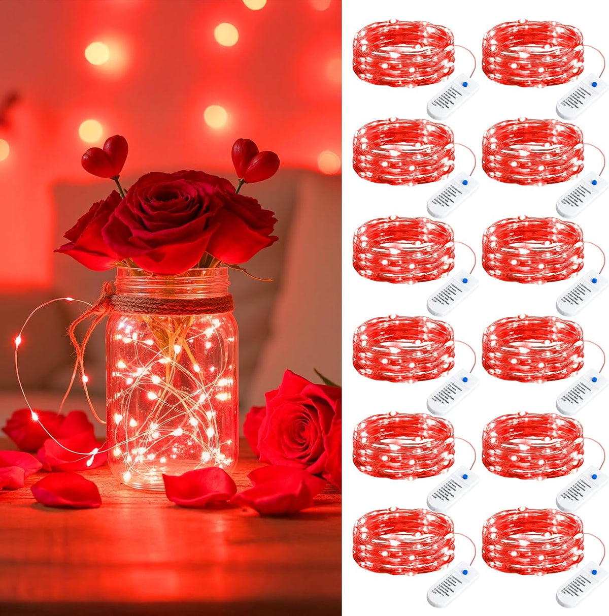 12 Pack 7ft 20 LED Silver Wire Fairy Lights with 8 Modes for Christmas Valentine, Red