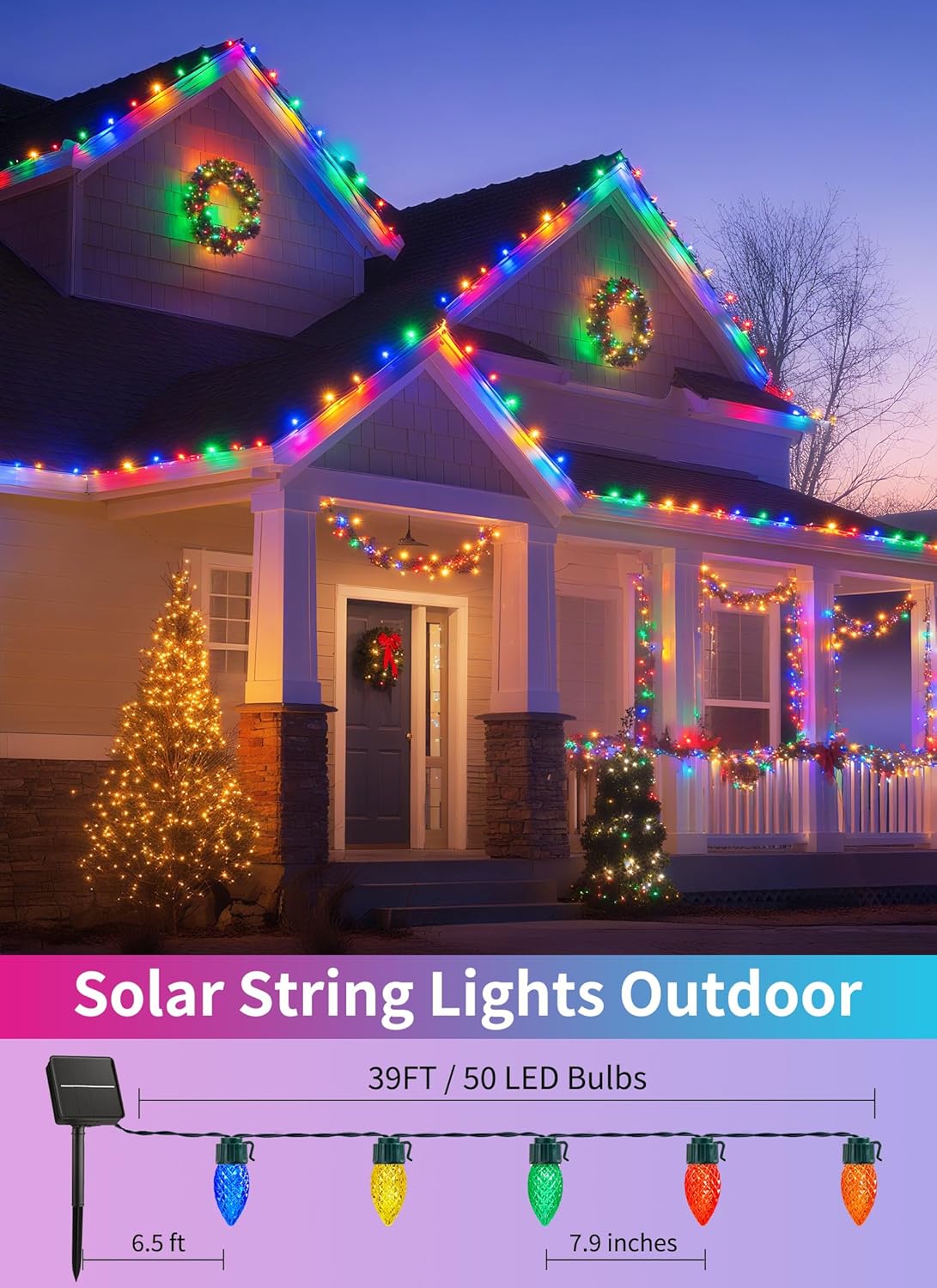 Solar Powered C9 Christmas Outdoor 50 LED (39ft) / 100 LED (78ft) Strawberry String Lights