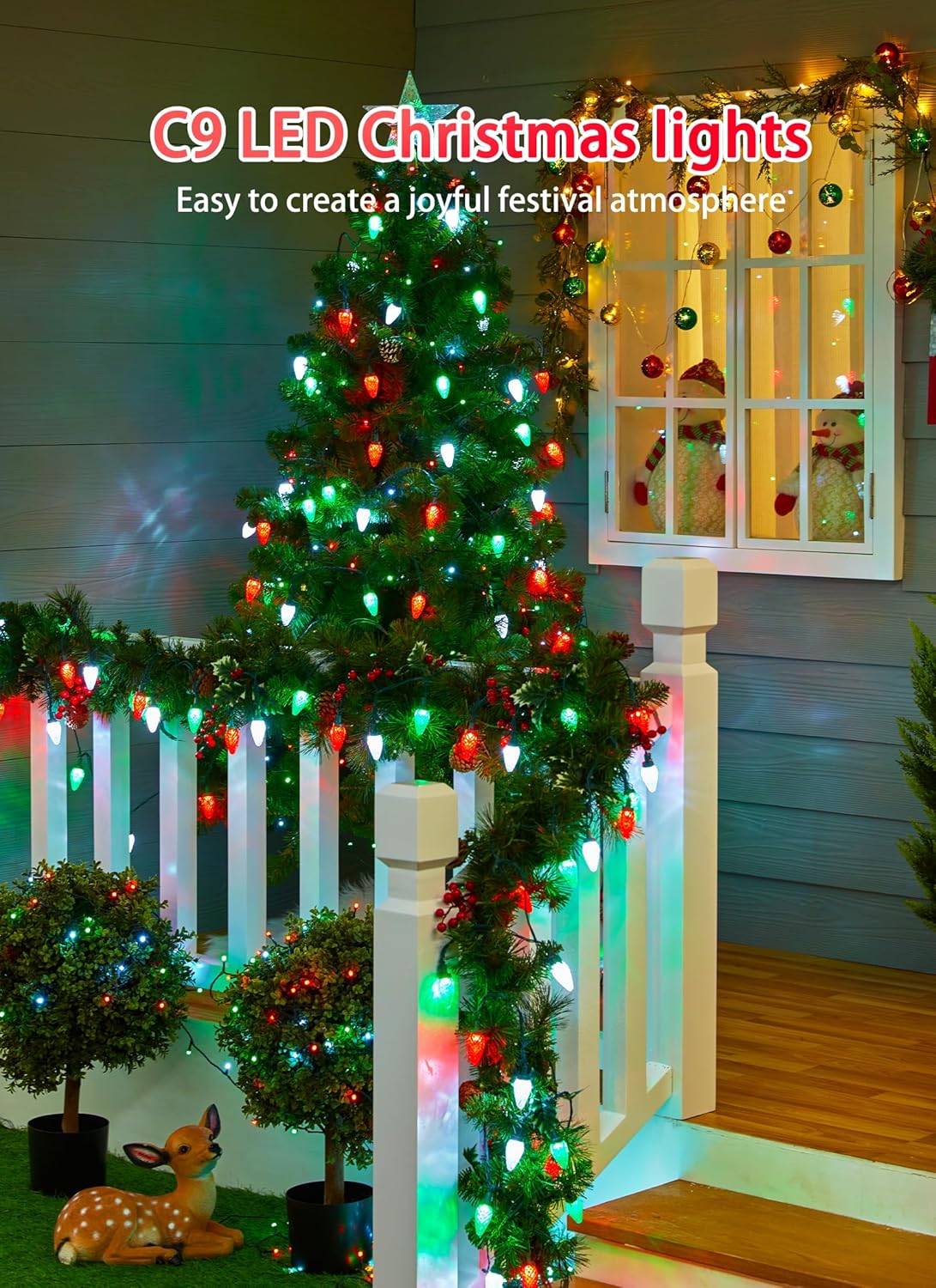 81 Feet 100 LED C9 Christmas String Lights with Timer & 8 Lighting Mode, Red & Green & Pure White