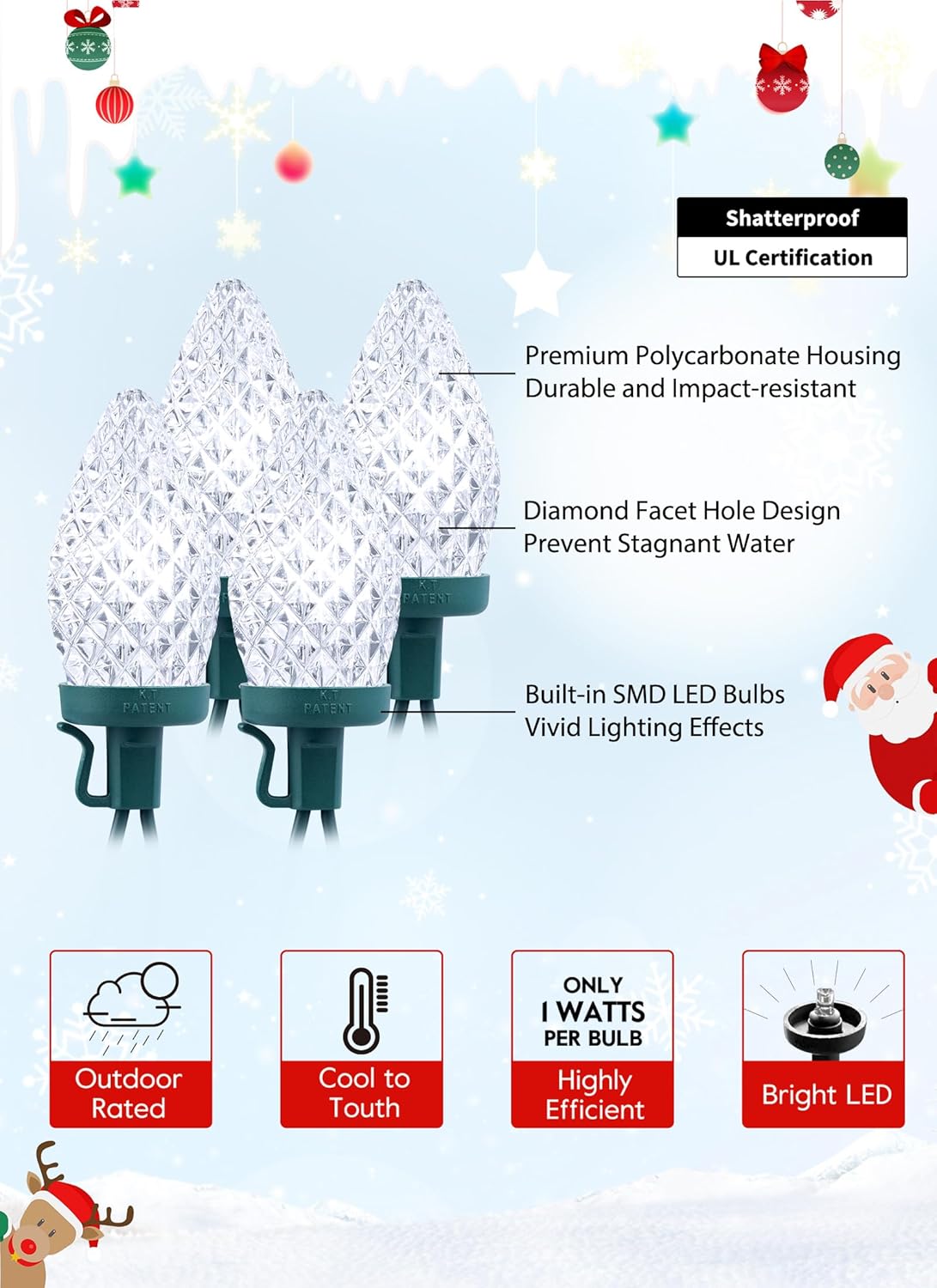 81 Feet 100 LED C9 Christmas String Lights with Timer & 8 Lighting Mode, Pure White
