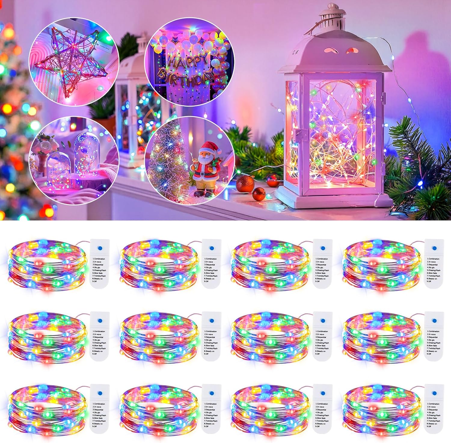 12 Pack Multicolor 7ft 20LED Battery Operated String Lights Firefly fo ...