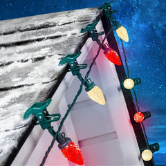 68 Feet C9 100 LED Christmas Strawberry String Lights with 100 Spring Clamps, Red & Warm White