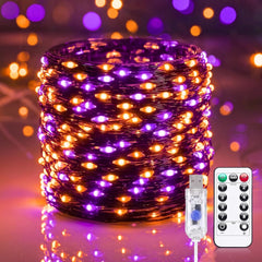 33Ft 100 LED Plug In Copper Wire Fairy Lights with Remote and Timer, Orange & Purple
