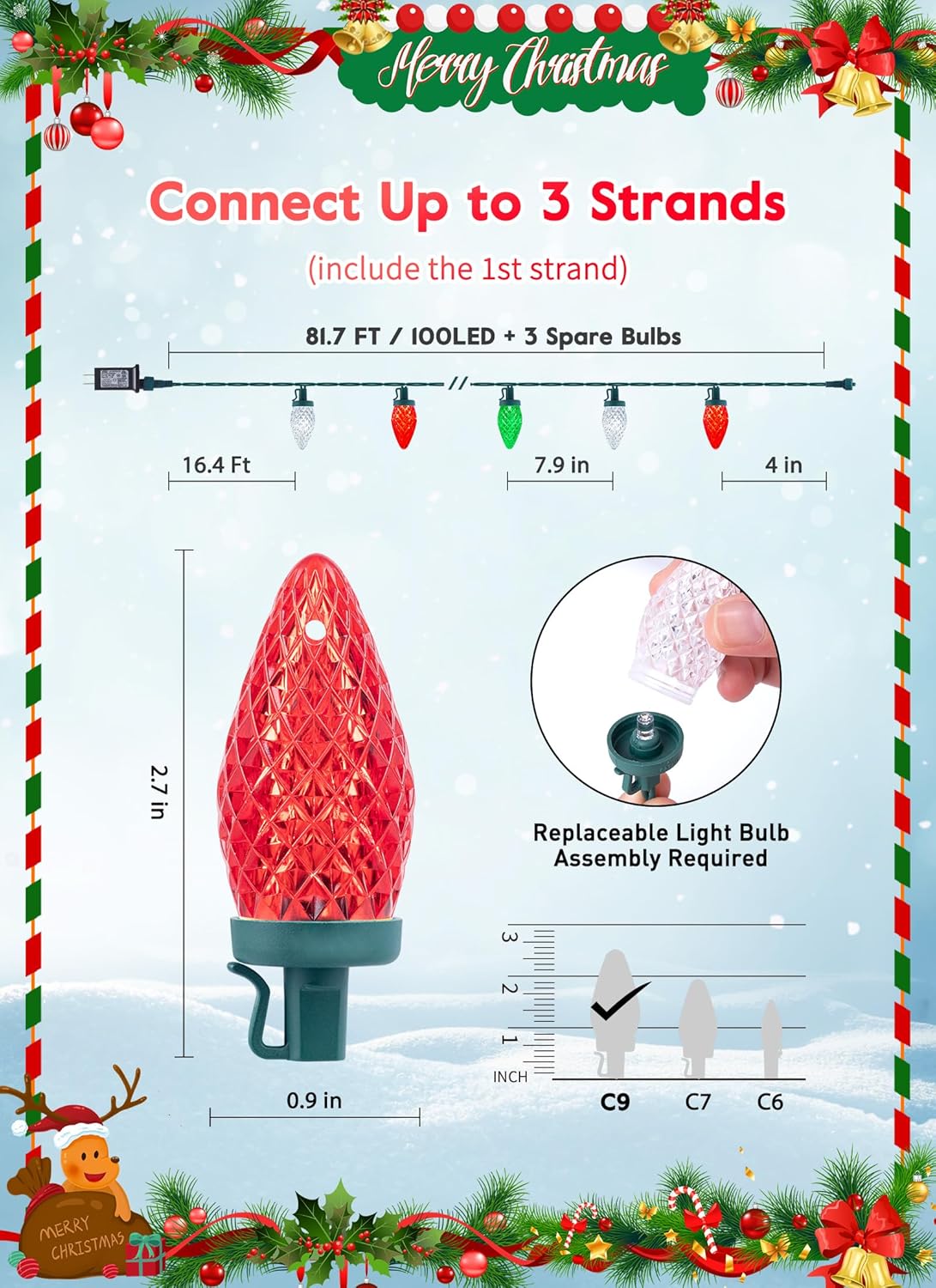 81 Feet 100 LED C9 Christmas String Lights with Timer & 8 Lighting Mode, Red & Green & Pure White