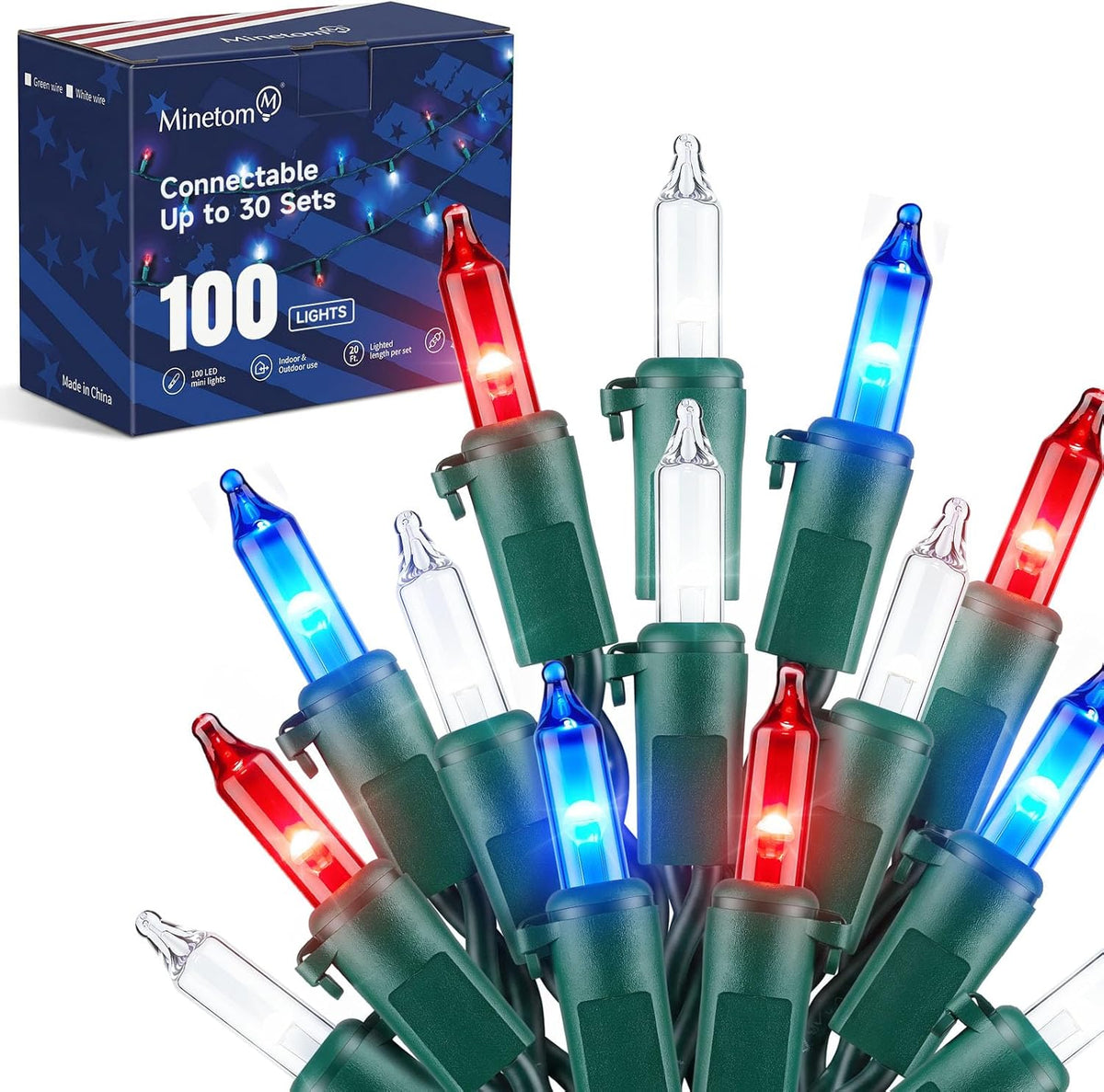 100 Count 20 Feet Multicolor Incandescent Bulb Mini String Lights for Christmas Independence Day