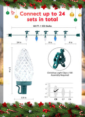 68 Feet C9 100 LED Christmas Strawberry String Lights with 100 Spring Clamps, Blue & Pure White