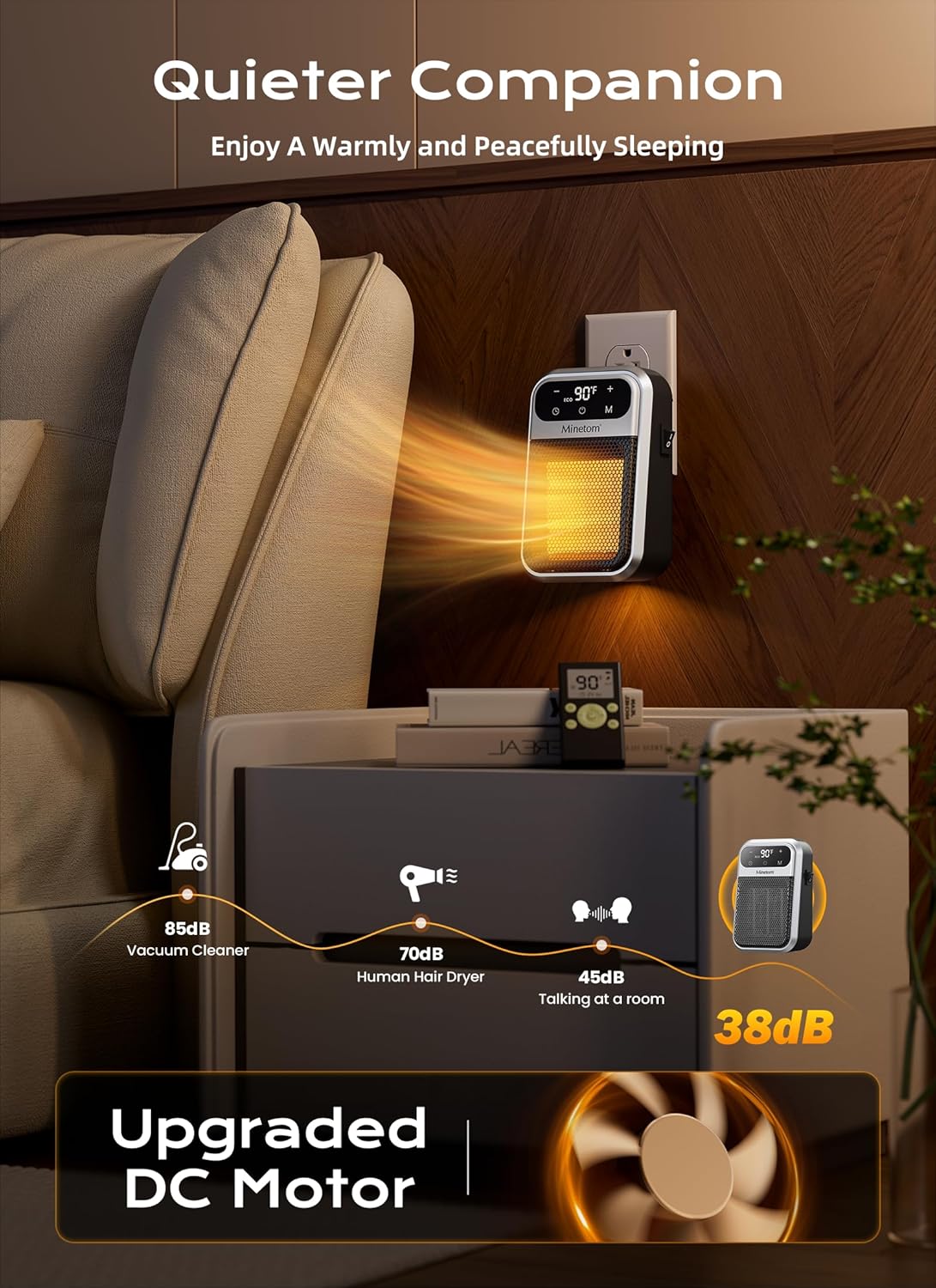 800W Small Wall Outlet Plug In Space Heater for Bathroom Office Bedroom Home
