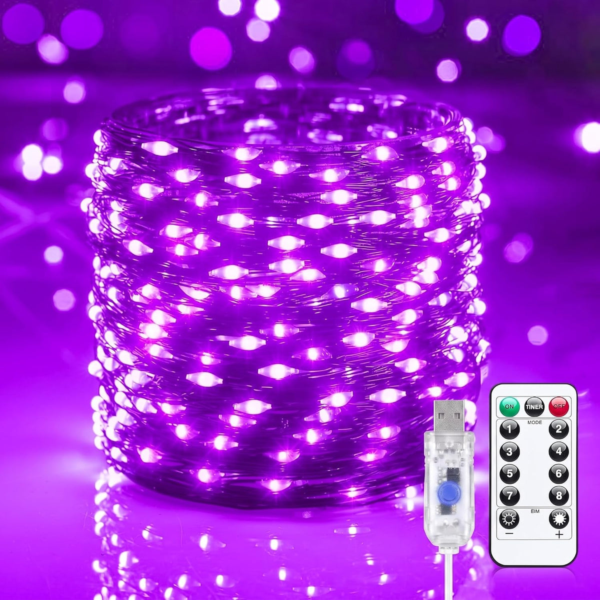 33Ft 100 LED Plug In Copper Wire Fairy Lights with Remote and Timer, Purple