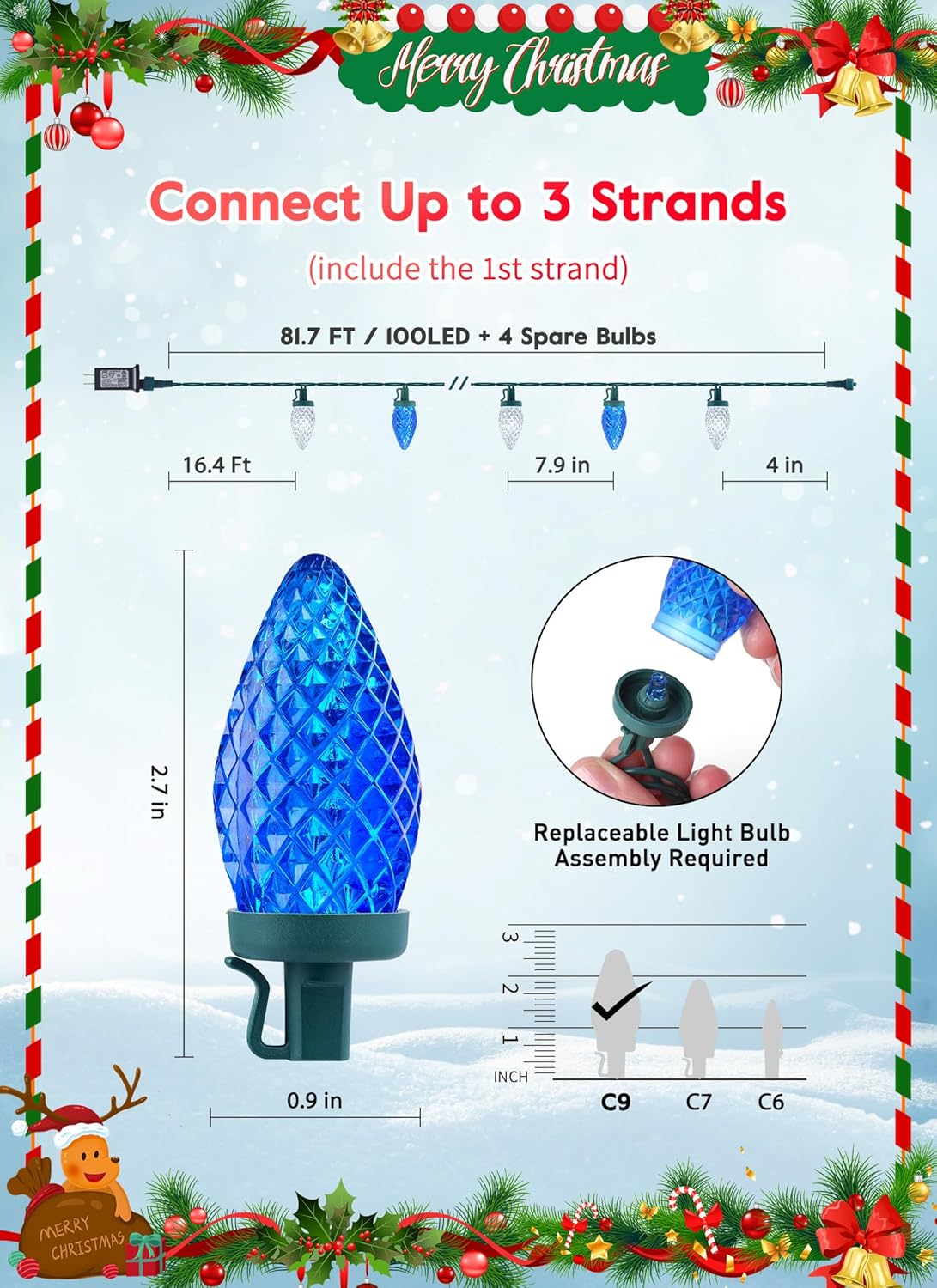 81 Feet 100 LED C9 Christmas String Lights with Timer & 8 Lighting Mode, Blue & Pure White