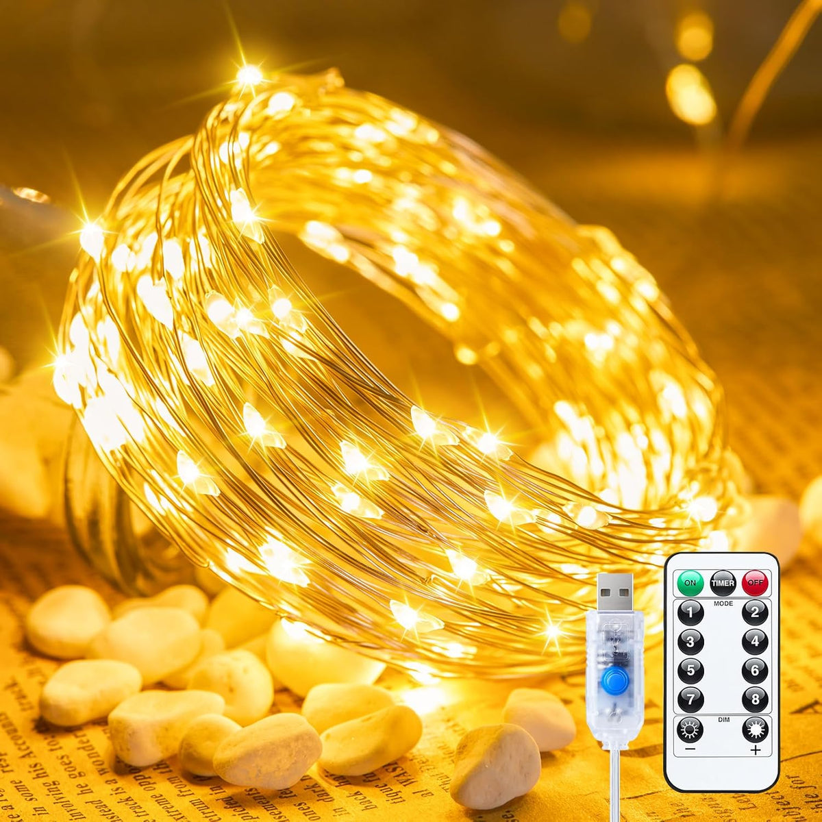 66ft 200 LED USB Plug in Silver Wire String Lights with Remote, 8 Modes, Warm White