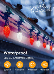 68 Feet C9 100 LED Christmas Strawberry String Lights with 100 Spring Clamps, Red & Pure White