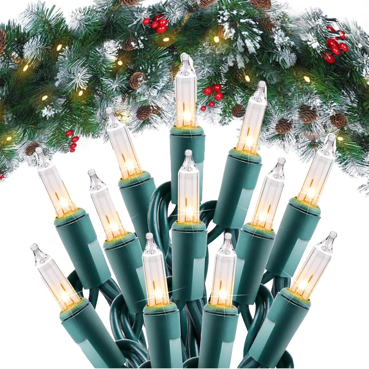 100 Count 20 Feet Christmas Incandescent Mini Bulbs String Lights, Warm White - Green Wire