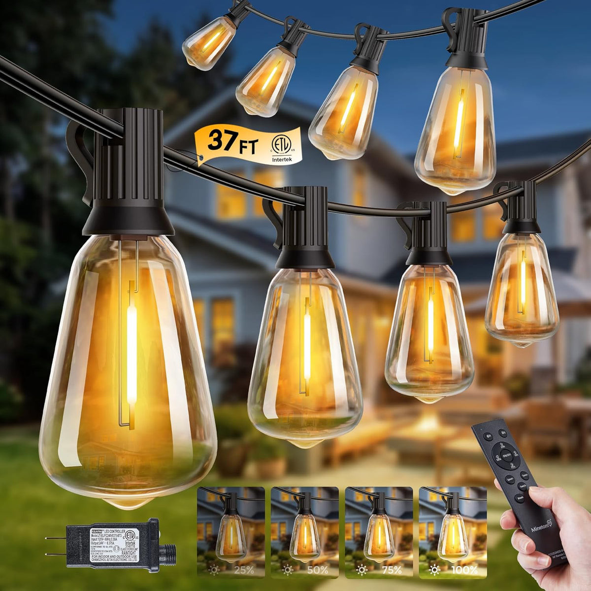 37FT Outdoor 11+1 Shatterproof ST38 LED Bulbs String Lights with Remote