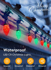 68 Feet C9 100 LED Christmas Strawberry String Lights with 100 Spring Clamps, Red & Green