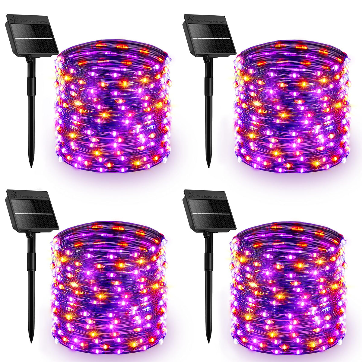 4 Pack Total 132ft 400 LED Solar Powered Halloween Lights for Halloween, Orange & Purple, 8 Modes