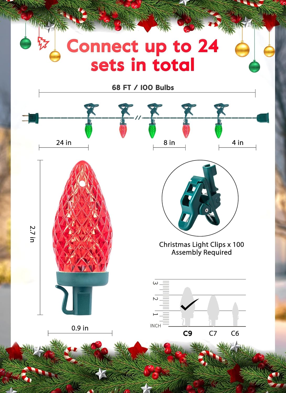 68 Feet C9 100 LED Christmas Strawberry String Lights with 100 Spring Clamps, Red & Green