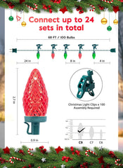 68 Feet C9 100 LED Christmas Strawberry String Lights with 100 Spring Clamps, Red & Green