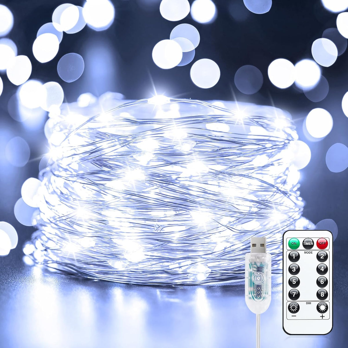 33Ft 100 LED USB Plug Twinkle Fairy Lights with Timer and Remote, Pure White