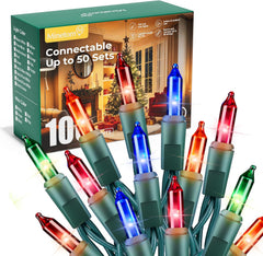 33ft 100 Count Multicolor Incandescent Bulbs Mini String Lights for Christmas Xmas, Green Wire