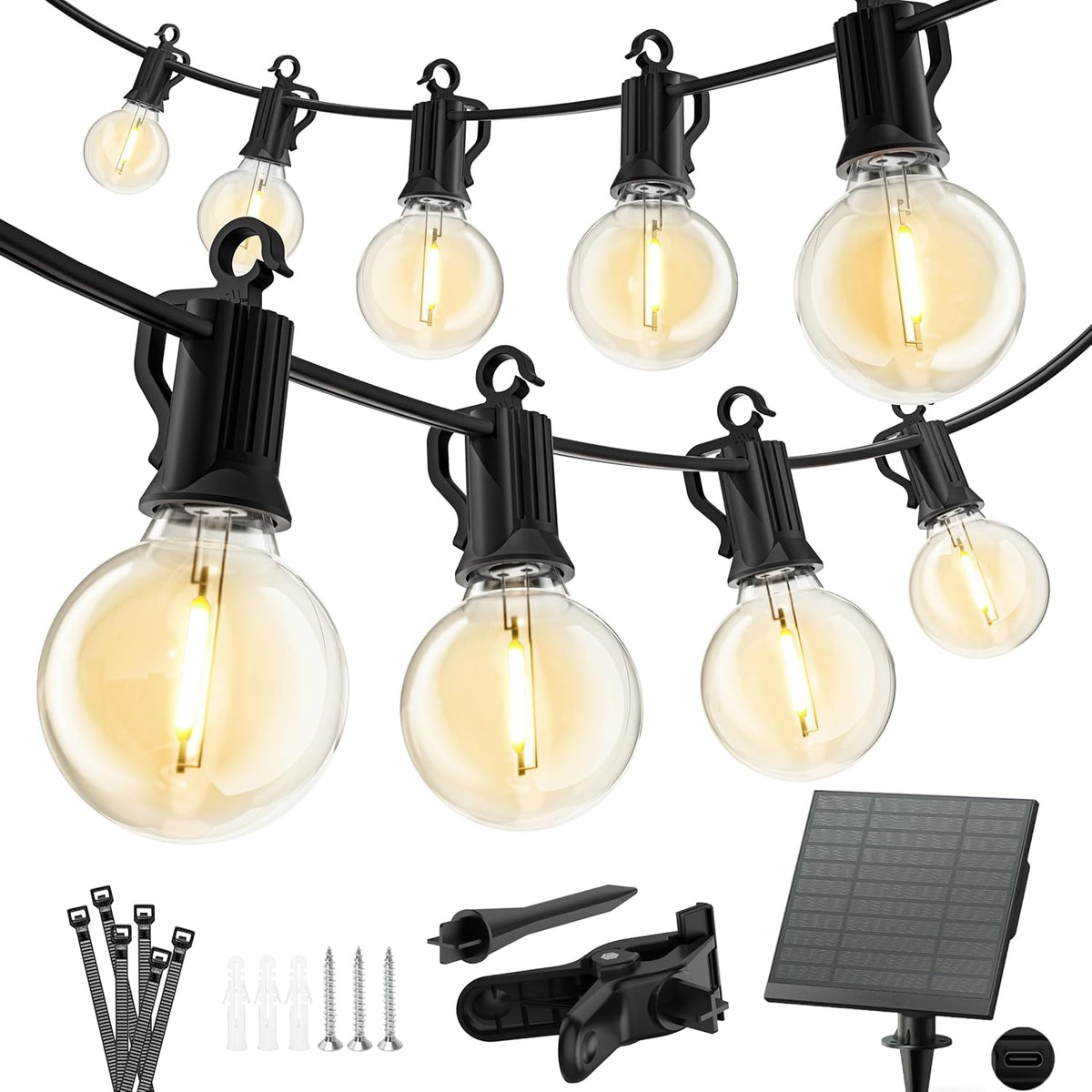 Solar Powered Waterproof G40 LED Bulbs String Lights for Backyard Porch Bistro Decor