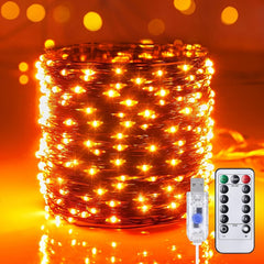 33Ft 100 LED Plug In Copper Wire Fairy Lights with Remote and Timer, Orange