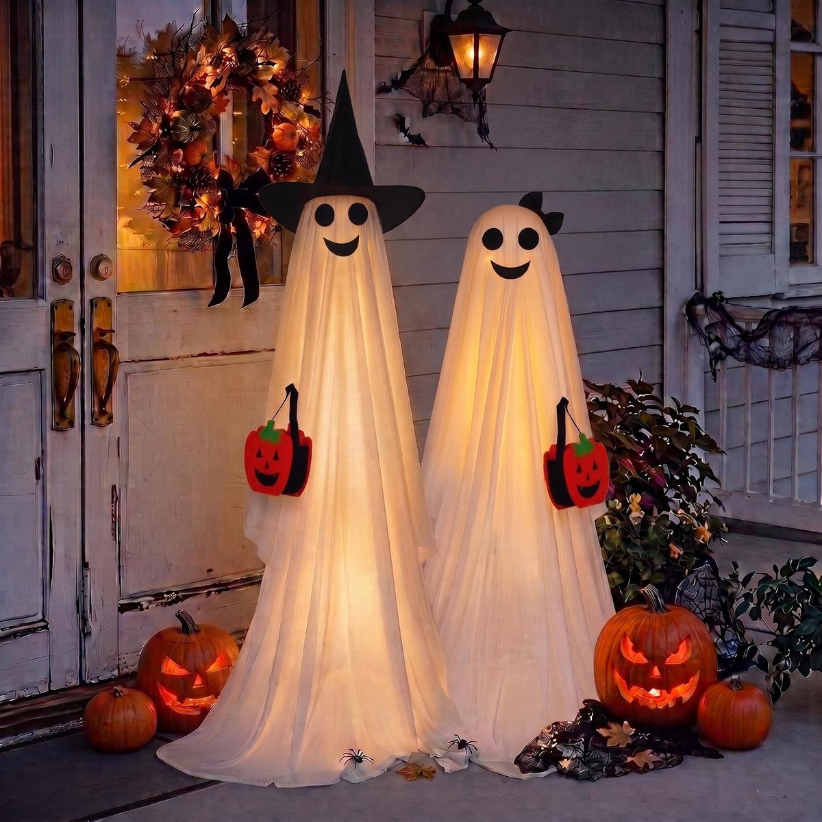 2 Pack Outdoor Halloween Light Up Pumpkin Bucket Ghost Decorations, 8 Modes, Remote & Timer