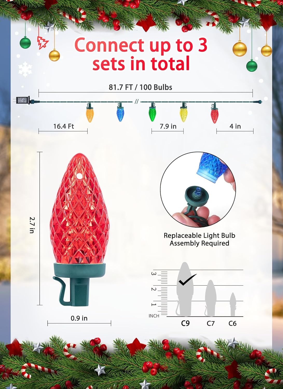81 Feet 100 LED C9 Christmas String Lights with Timer & 8 Lighting Mode, Multicolor