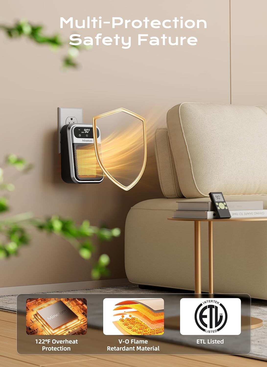 800W Small Wall Outlet Plug In Space Heater for Bathroom Office Bedroom Home