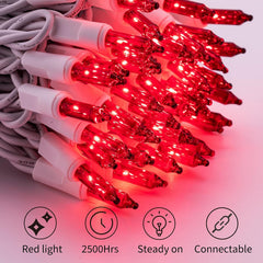 25ft 100 Count Red Incandescent Bulb Mini String Lights for Christmas Valentine's Day, White Wire