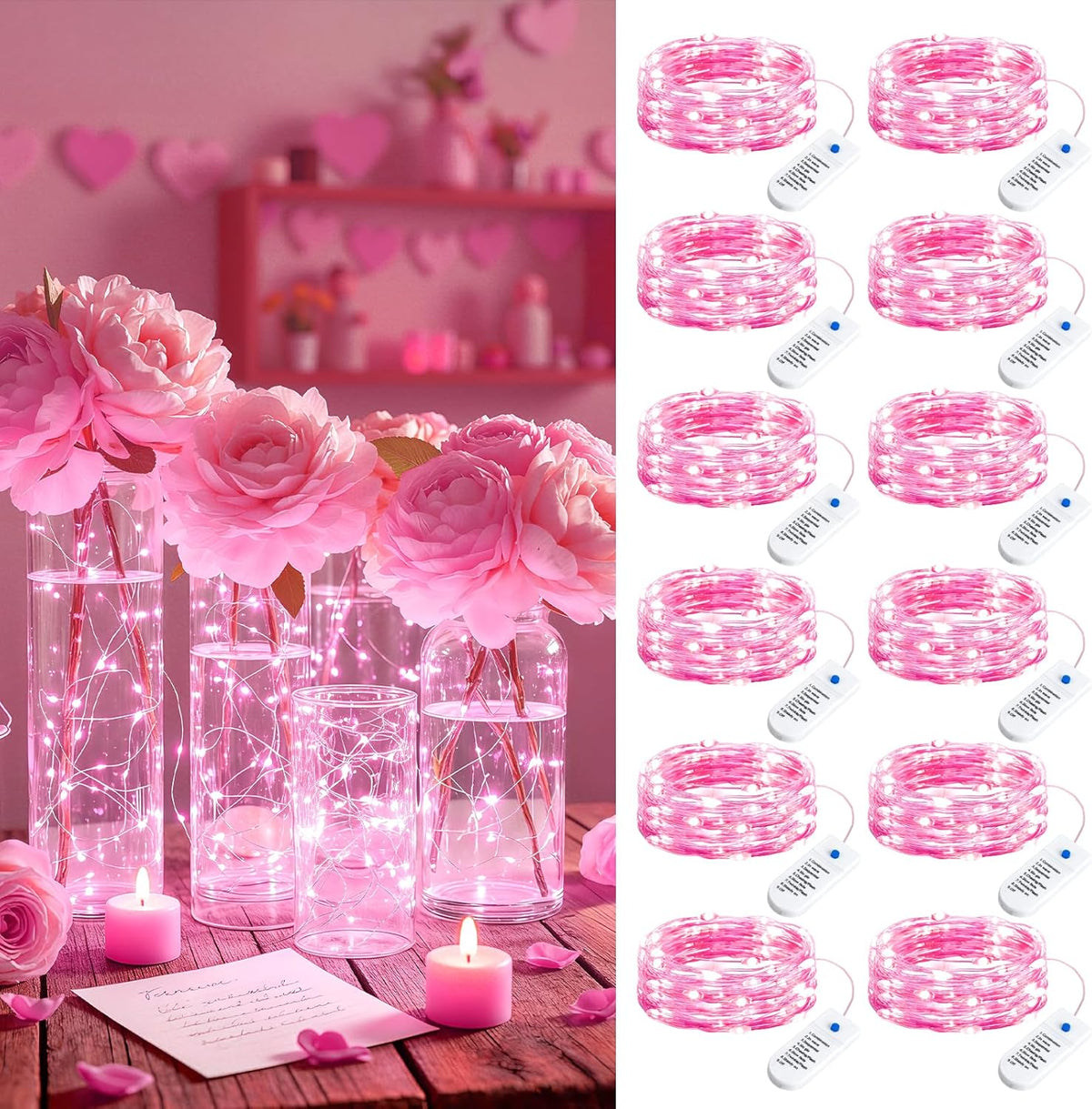 12 Pack 7ft 20 LED Battery Operated Silver Wire Christmas Valentine Fairy Lights with 8 Modes, Pink