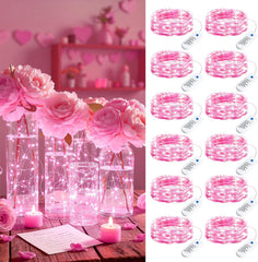12 Pack 7ft 20 LED Battery Operated Silver Wire Christmas Valentine Fairy Lights with 8 Modes, Pink