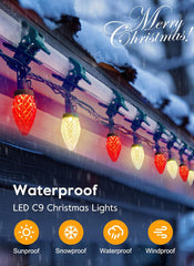 68 Feet C9 100 LED Christmas Strawberry String Lights with 100 Spring Clamps, Red & Warm White