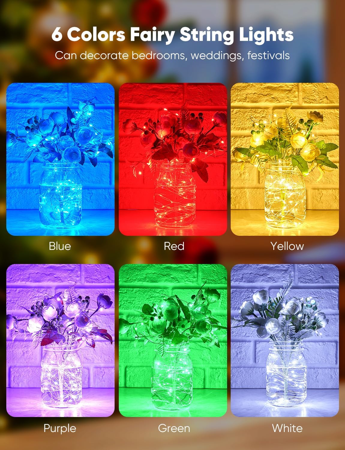 12/20 Pack 6 Colors 7ft 20LED Battery Operated String Lights Firefly f ...