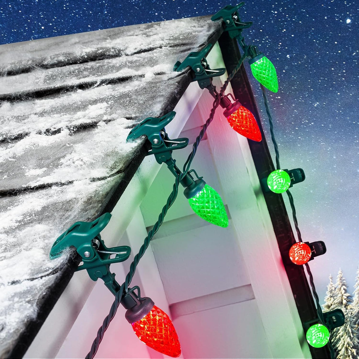 68 Feet C9 100 LED Christmas Strawberry String Lights with 100 Spring Clamps, Red & Green