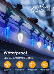 68 Feet C9 100 LED Christmas Strawberry String Lights with 100 Spring Clamps, Blue & Pure White