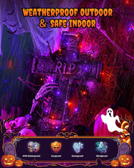 2 Pack 66ft 200 LED Solar Powered Halloween Lights for Halloween, Orange & Purple, 8 Modes