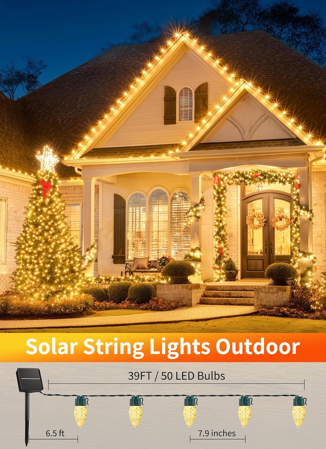 Solar Powered C9 Christmas Outdoor 50 LED (39ft) / 100 LED (78ft) Strawberry String Lights, Warm White