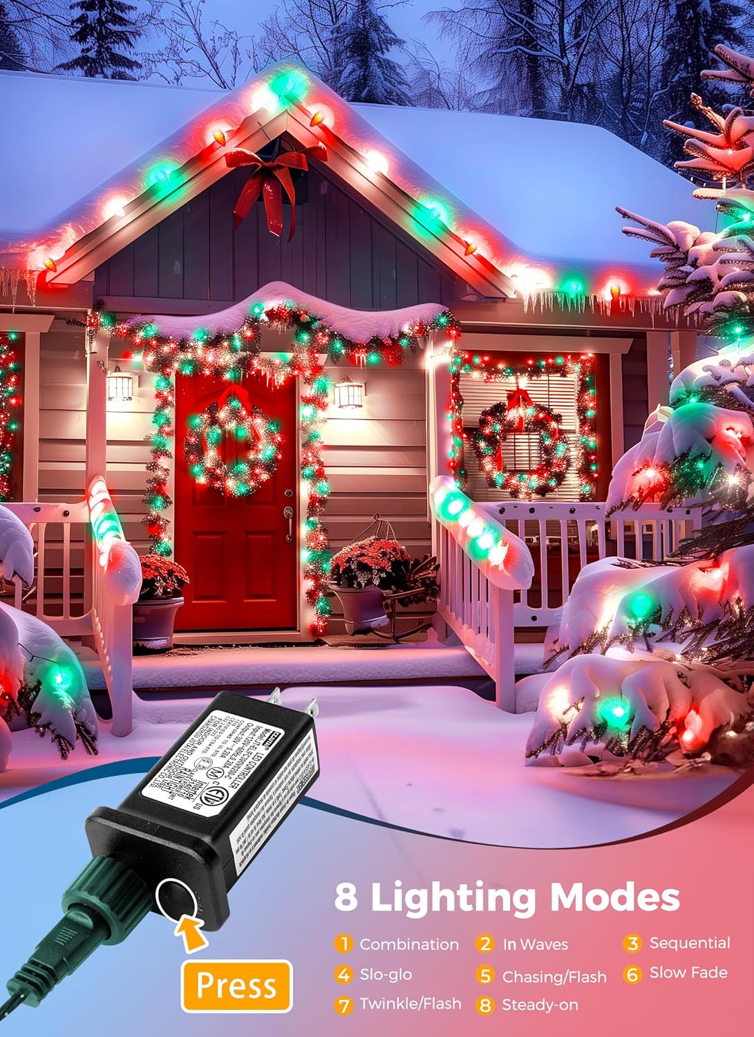 81 Feet 100 LED C9 Christmas String Lights with Timer & 8 Lighting Mode, Red & Green & Pure White