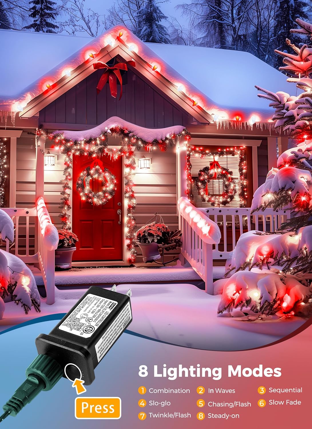 81 Feet 100 LED C9 Christmas String Lights with Timer & 8 Lighting Mode, Red & Pure White